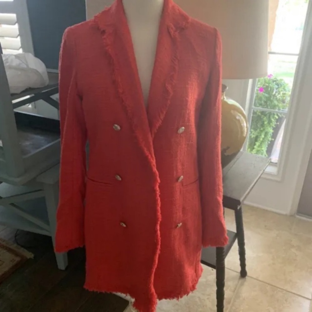 Rachel Zoe Red Tweed Fringe Open Front Lined Coat Jacket Small